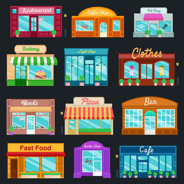 Shops and stores front icons set flat style. Vector illustration