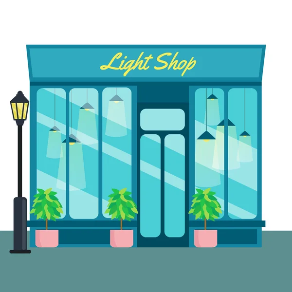 Tienda y tienda de luz, icono frontal de estilo plano. Ilustración vectorial — Archivo Imágenes Vectoriales