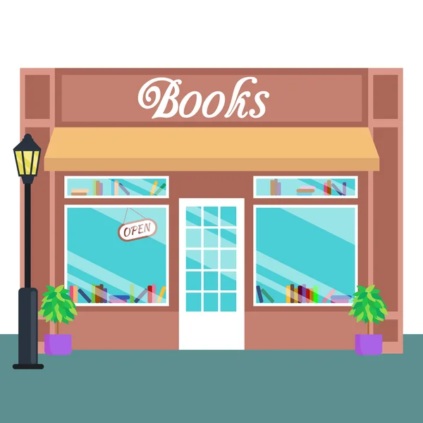 Livraria e loja, construção de frente estilo plano. Ilustração vetorial —  Vetores de Stock