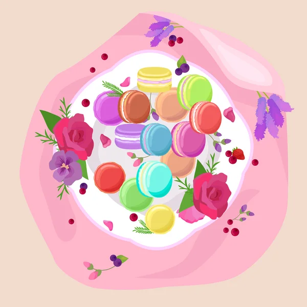 Édes és színes francia macaroons, Macaron gyümölcs keksz desszert — Stock Vector