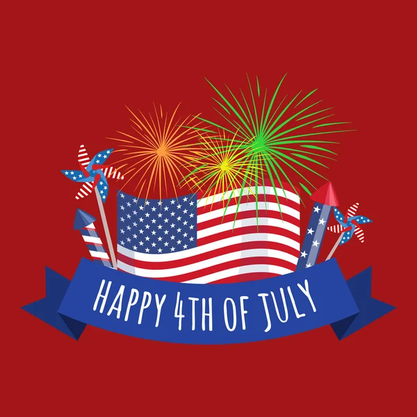 Szczęśliwy, 4 lipca, Dzień Niepodległości fajerwerki i flaga, z taśmy greating — Zdjęcie stockowe