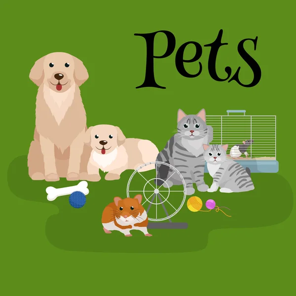 Casa animais de estimação conjunto, cão gato papagaio goldfish hamster, animais domesticados — Vetor de Stock
