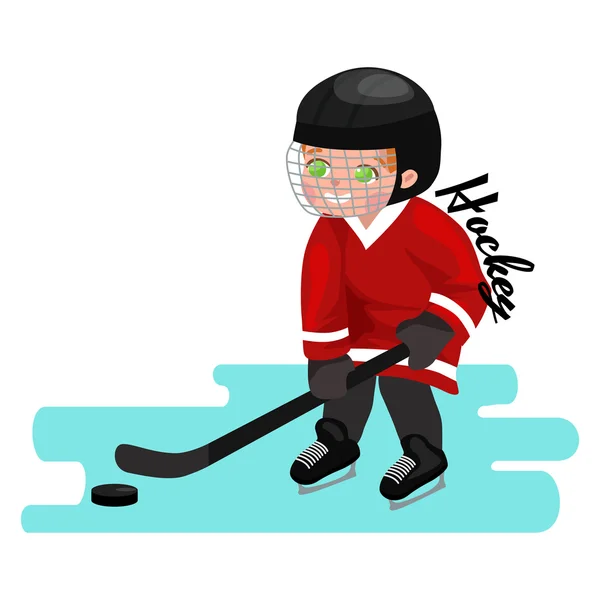 Szczęśliwy chłopiec gra hokej na lodzie, sport dla dzieci, dzieci aktywność — Wektor stockowy