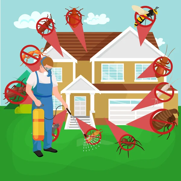 Concepto de control de plagas con insectos exterminador silueta plana vector ilustración — Vector de stock