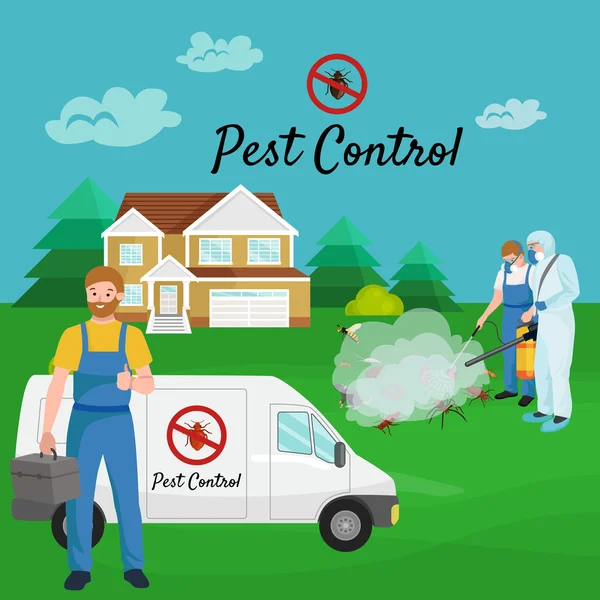 Pest control concept met insecten verdelger silhouet platte vectorillustratie — Stockvector