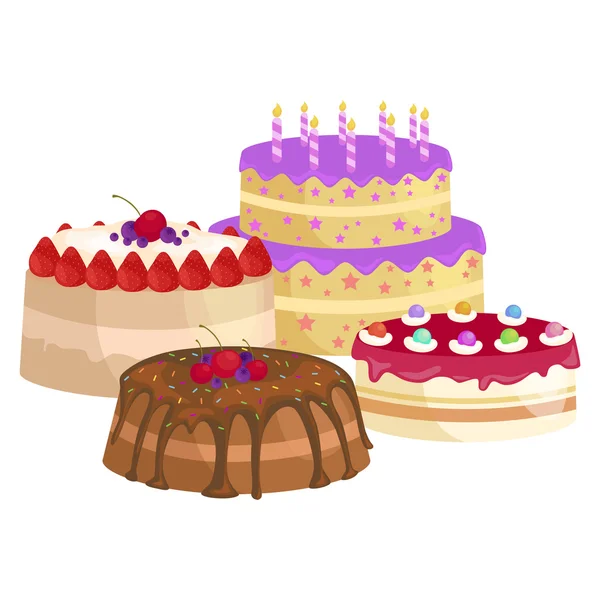 Doces bolos com recheio diferente, conjunto de ilustração vetorial de sobremesa de chocolate —  Vetores de Stock