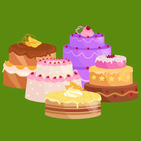 Dulces pasteles con diferentes rellenos, chocolate postre vector ilustración conjunto — Archivo Imágenes Vectoriales