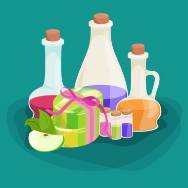 Organik temel aroma yağı ve sabun bar setiyle şişeleri
