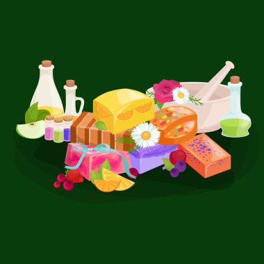 Ev yapımı Bar Sabunlar, çiçek ve uçucu yağ. Vector Icons set