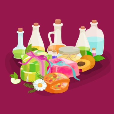 Ev yapımı Bar Sabunlar, çiçek ve uçucu yağ. Vector Icons set