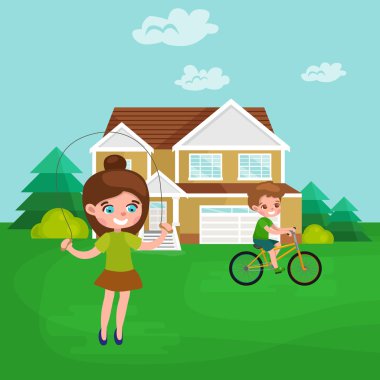 Küçük kız oyun atlama ipi açık, atletizm vektör çocuk.