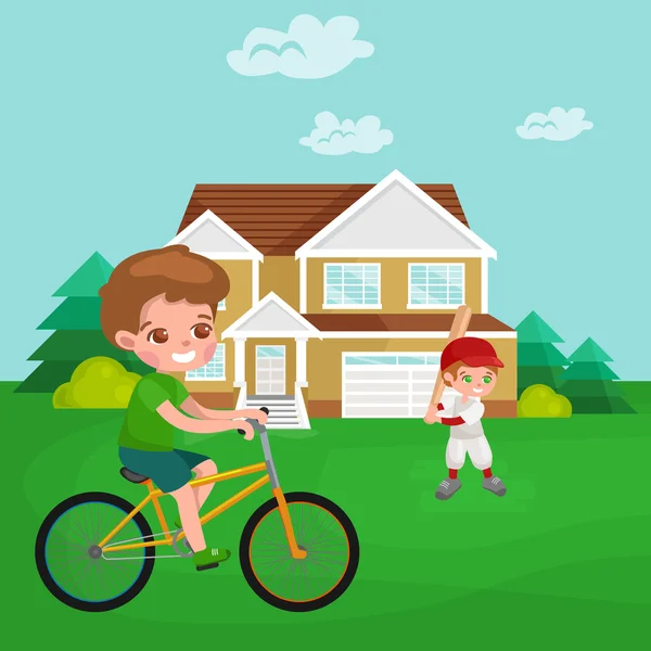 Chico ciclismo, carreras de niños deporte, la actividad física vector ilustración — Vector de stock