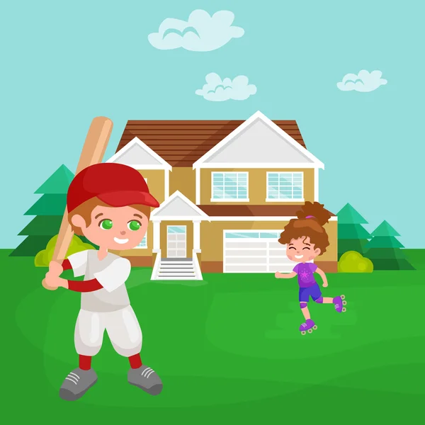 Niño feliz jugando béisbol, deporte de los niños, niños actividad vector ilustración — Vector de stock
