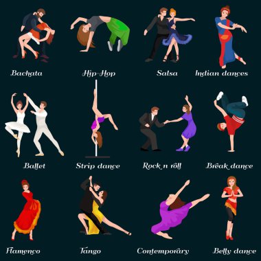 Dans insanlar, dansçı Bachata, Hiphop, Salsa, Hint, bale, şerit, Rock and Roll, mola, flamenko, Tango, çağdaş, oryantal dans sembol simge. Tasarım kavramı kümesi tarzı dans