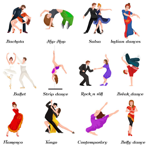 Dancing People, Dancer Fabata, Hip hop, Salsa, Indian, Fut, Strip, Rock and Mode, Break, Fenco, Tango, Contemporary, Belly Dance Pictogram Icon. Танцевальный стиль набора концепций дизайна
