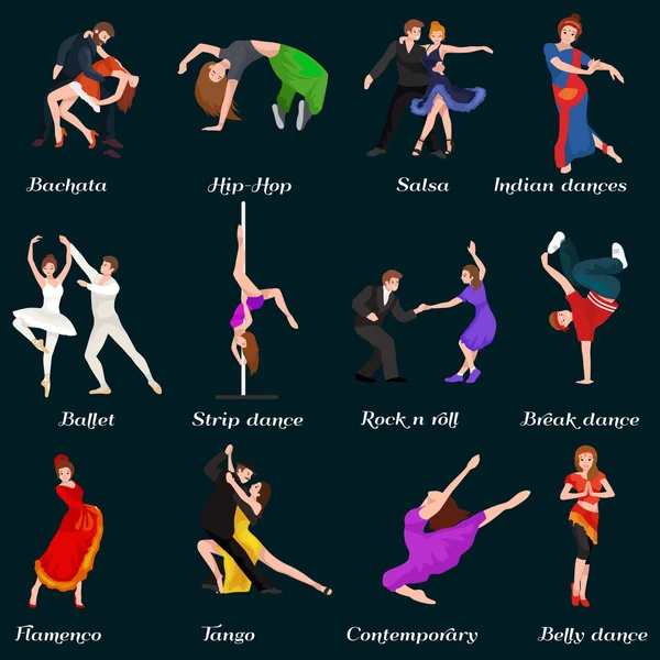 Bailarines, Bailarín Bachata, Hiphop, Salsa, India, Ballet, Strip, Rock and Roll, Break, Flamenco, Tango, Contemporáneo, Danza del Vientre Pictograma Icono. Set de concepto de estilo de baile de diseño — Archivo Imágenes Vectoriales