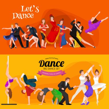 Vector illustration of couple dancing modern dance, Partners dance bachata, Dancing style design concept set, traditional dance flat icons isolated vector illustration, Man and woman ballroom dancing. clipart
