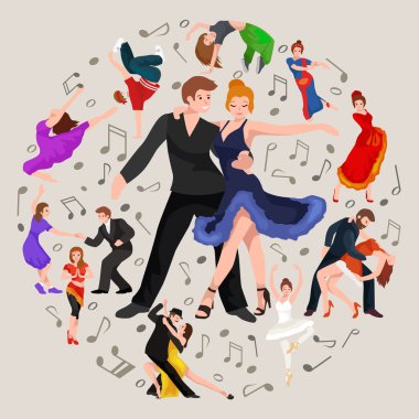 Happy Salsa dancers couple isolated on white icon pictogram, man and woman in dress dancing salsa with passion, people dancing ballroom vector illustration, young girl dancer salsa to the music clipart