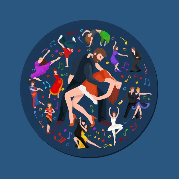 Dancing People, Dancer Fabata, Hip hop, Salsa, Indian, Fut, Strip, Rock and Mode, Break, Fenco, Tango, Contemporary, Belly Dance Pictogram Icon. Танцевальный стиль набора концепций дизайна — стоковый вектор