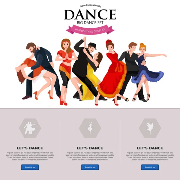 Tanec, lidi, tanečnice Bachata, Hiphop, Salsa, indické, balet, Strip, Rock and Roll, Break, Flamenco, Tango, Contemporary, břišní tanec piktogram ikonu. Taneční styl sady koncepce designu — Stockový vektor