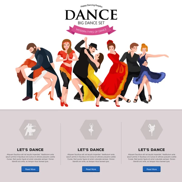 Dancing People, Dancer Bachata, Hiphop, Salsa, Indian, Ballet, Strip, Rock and Roll, Break, Flamenco, Tango, Contemporain, Belly Dance Pictogram Icône. Jeu de concept de style de danse — Image vectorielle