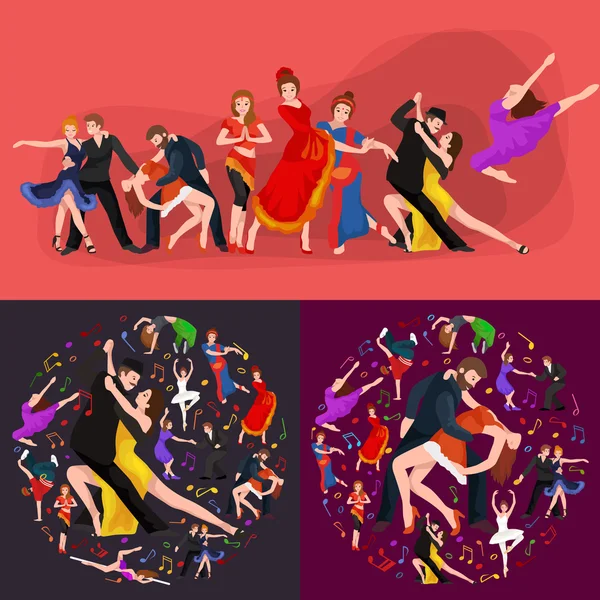 Dansende mensen, danser Bachata, Hiphop, Salsa, Indische, Ballet, Strip, Rock and Roll, breken, Flamenco, Tango, modern, buikdans Pictogram pictogram. Stijl van concept ontwerpset dansen — Stockvector