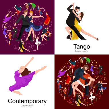Dans insanlar, dansçı Bachata, Hiphop, Salsa, Hint, bale, şerit, Rock and Roll, mola, flamenko, Tango, çağdaş, oryantal dans sembol simge. Tasarım kavramı kümesi tarzı dans