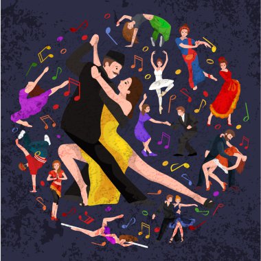 Dans insanlar, dansçı Bachata, Hiphop, Salsa, Hint, bale, şerit, Rock and Roll, mola, flamenko, Tango, çağdaş, oryantal dans sembol simge. Tasarım kavramı kümesi tarzı dans