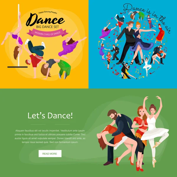 Group of dancing people, yong happy man and woman dance together and in a couple, girl sport dancer, happy boy, dance background vector illustration pictogram isolated — Stock Vector