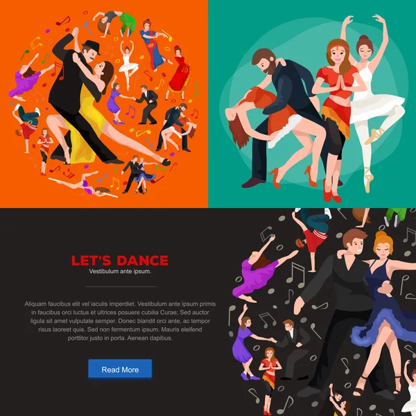 Bailarines, Bailarín Bachata, Hiphop, Salsa, India, Ballet, Strip, Rock and Roll, Break, Flamenco, Tango, Contemporáneo, Danza del Vientre Pictograma Icono. Set de concepto de estilo de baile de diseño — Archivo Imágenes Vectoriales