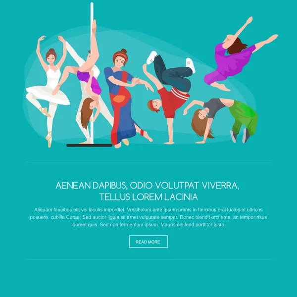 Bailarines, Bailarín Bachata, Hiphop, Salsa, India, Ballet, Strip, Rock and Roll, Break, Flamenco, Tango, Contemporáneo, Danza del Vientre Pictograma Icono. Set de concepto de estilo de baile de diseño — Vector de stock