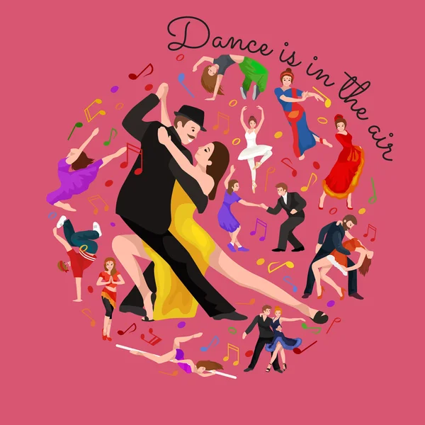 Groupe de danseurs, yong heureux homme et femme dansent ensemble et en couple, fille danseuse sportive, garçon heureux, danse fond vectoriel illustration pictogramme isolé — Image vectorielle