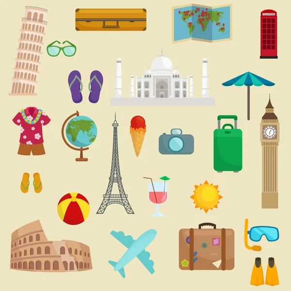 Iconos de turismo de viajes ilustración vectorial, vacaciones viajando en avión, planificación de vacaciones de verano, turismo y objetos de viaje y equipaje de pasajeros aislados, caso de equipaje — Archivo Imágenes Vectoriales