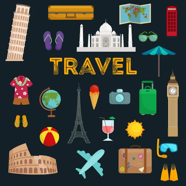 Ikonen des Reisetourismus Vektor Illustration, Urlaub mit dem Flugzeug, Planung eines Sommerurlaubs, Tourismus und Reise Objekte und Passagiergepäck isoliert, Koffer für Gepäck — Stockvektor
