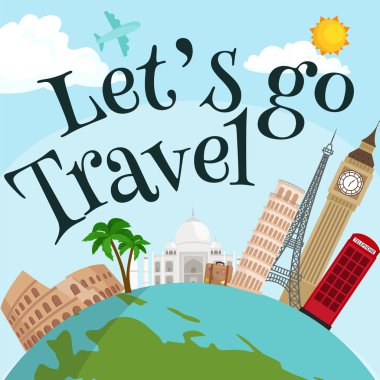 Dünya poster seyahat. Turizm ve tatil, dünya, küresel yolculuk, illüstrasyon vektör. Dünya seyahat kavramı afiş, uluslararası iş geçmişi