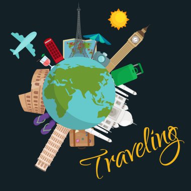 Dünya poster seyahat. Turizm ve tatil, dünya, küresel yolculuk, illüstrasyon vektör. Dünya seyahat kavramı afiş, uluslararası iş geçmişi
