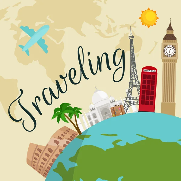 Resa runt världen affischen. Turism och semester, jorden världen, resa globala, vektor illustration. World travel konceptet banner, internationella affärer bakgrund — Stock vektor