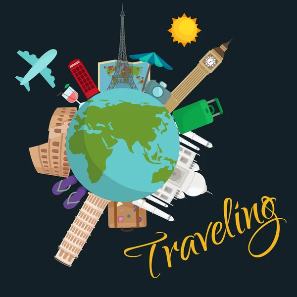 Viaje ao redor do cartaz mundial. Turismo e férias, mundo da terra, viagem global, ilustração vetorial. Banner conceito de viagem mundial, fundo de negócios internacionais —  Vetores de Stock