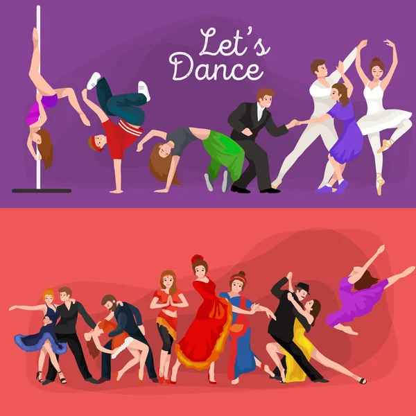 Dancing People, Dancer Bachata, Hiphop, Salsa, Indian, Ballet, Strip, Rock and Roll, Break, Flamenco, Tango, Contemporain, Belly Dance Pictogram Icône. Jeu de concept de style de danse — Image vectorielle