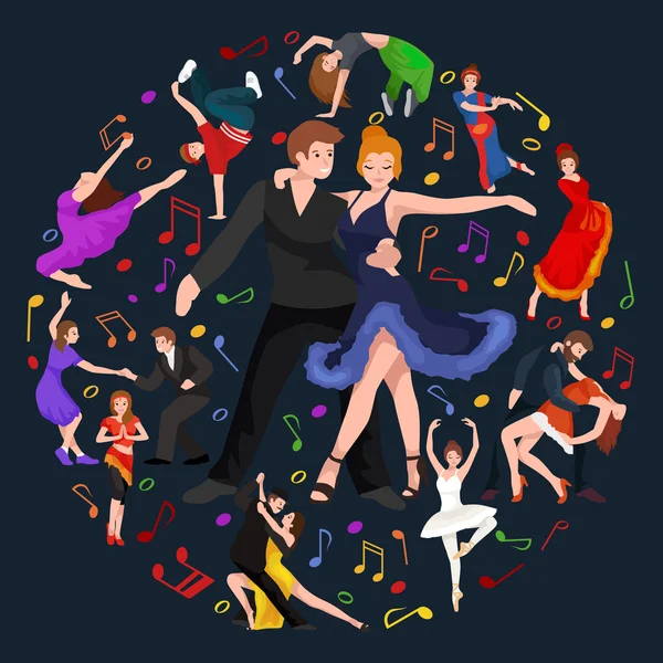 Dancing People, Dancer Bachata, Hiphop, Salsa, Indian, Ballet, Strip, Rock and Roll, Break, Flamenco, Tango, Contemporain, Belly Dance Pictogram Icône. Jeu de concept de style de danse — Image vectorielle