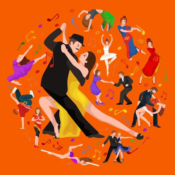 Illustrazione vettoriale della danza di coppia danza moderna, Partners dance bachata, Set di concetti di design in stile danza, icone tradizionali della danza piatta illustrazione vettoriale isolata, Balli da sala uomo e donna . — Vettoriale Stock