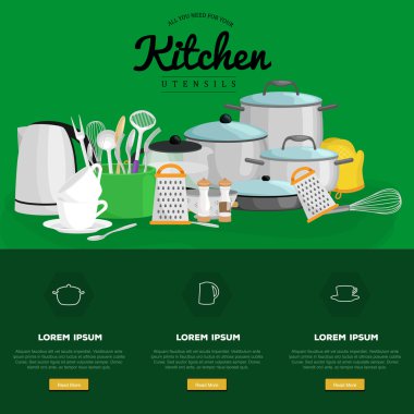 Yemek ve mutfak gereçleri ile belirlenen pişirme afiş, yemek pişirmek veya yemek pişirmek için araçların Mutfak seti. İzole mutfak gereçvektör illüstrasyon. Mutfak eşyaları ile arka plan, pişirme ekipmanları