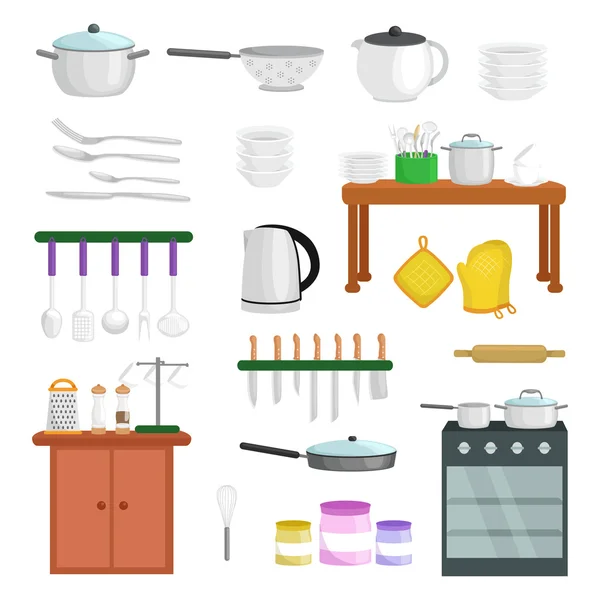 Ruoka ja ruoanlaitto banneri asetettu keittiötarvikkeita astiat, Keittiö joukko työkaluja kokki tai ruoanlaitto aterioita. Vektori kuva eristetty keittiötarvikkeita. Tausta astiasto, kokki laitteet — vektorikuva