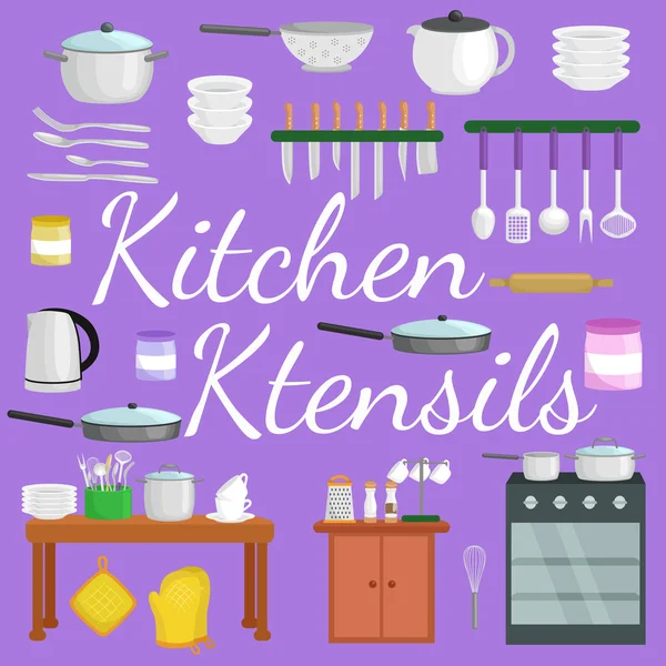 Lebensmittel- und Kochbanner-Set mit Geschirr, Küchenutensilien zum Kochen oder Kochen von Mahlzeiten. Vektor Illustration von isolierten Küchenutensilien. Hintergrund mit Utensilien, Kochutensilien — Stockvektor