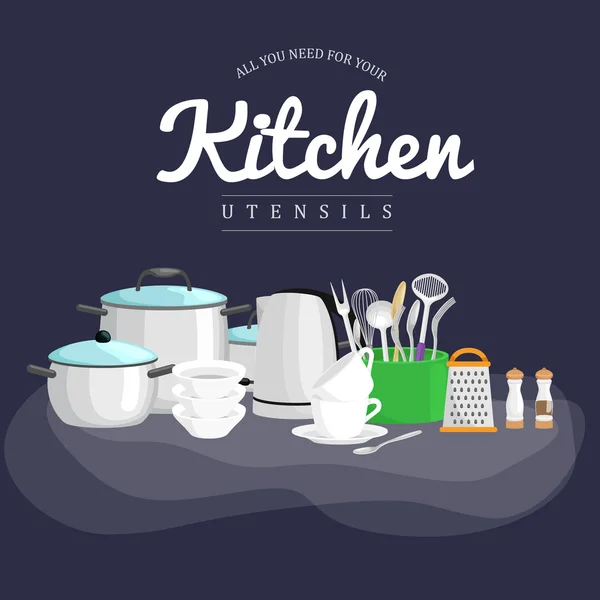 Lebensmittel- und Kochbanner-Set mit Geschirr, Küchenutensilien zum Kochen oder Kochen von Mahlzeiten. Vektor Illustration von isolierten Küchenutensilien. Hintergrund mit Utensilien, Kochutensilien — Stockvektor