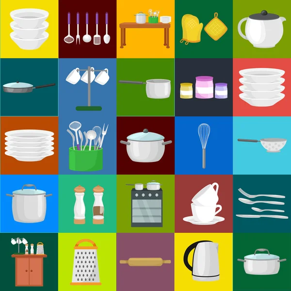 Eten en koken banner set met keukengerei, keuken set van tools voor koken of koken maaltijden. Vector illustratie van geïsoleerde keuken gebruiksvoorwerp. Achtergrond met gebruiksvoorwerp, kookgerei — Stockvector