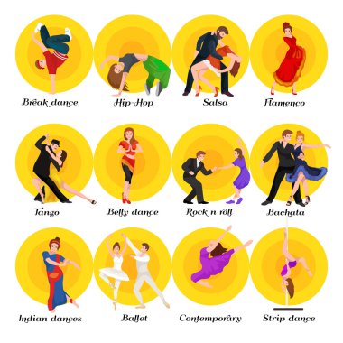 Dans insanlar, dansçı Bachata, Hiphop, Salsa, Hint, bale, şerit, Rock and Roll, mola, flamenko, Tango, çağdaş, oryantal dans sembol simge. Tasarım kavramı kümesi tarzı dans
