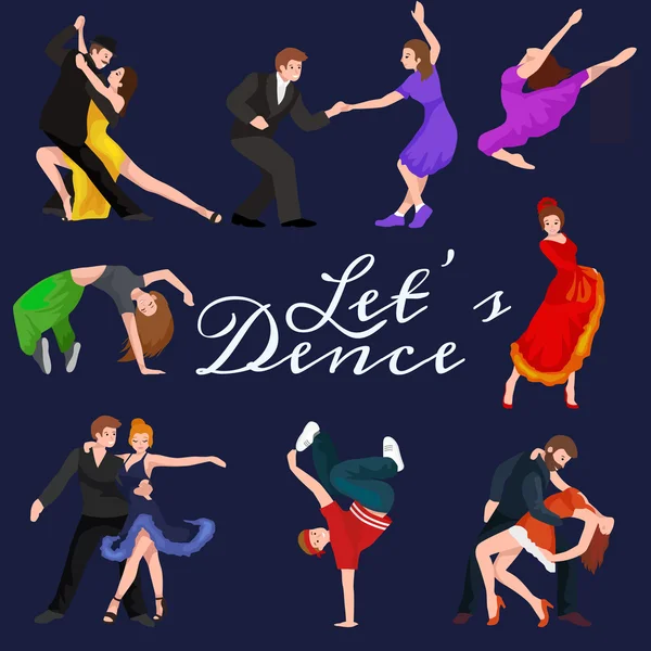 Bailarines, Bailarín Bachata, Hiphop, Salsa, India, Ballet, Strip, Rock and Roll, Break, Flamenco, Tango, Contemporáneo, Danza del Vientre Pictograma Icono. Set de concepto de estilo de baile de diseño — Vector de stock