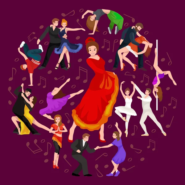 Meisje flamencodanseres in rode jurk, Spaanse mooie dans, Spanje jonge vrouw, Dancing couples, gelukkig sexy vrouw dansen flamenco, Spaans meisje vectorillustratie geïsoleerd op wit — Stockvector