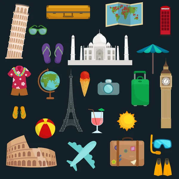 Seyahat turizm simgeler vektör çizim, Bagaj için durum planlama bir yaz tatili, turizm ve yolculuk nesneleri ve yolcu Bagaj izole, uçakta seyahat tatil